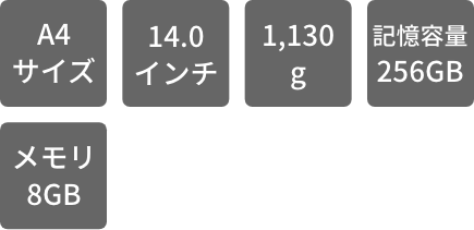 A4サイズ 14.0インチ 1,130g 記憶容量256GB メモリ8GB
