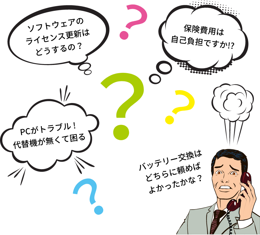 ソフトウェアのライセンス更新はどうするの? 保険費用は自己負担ですか!? PCがトラブル!代替機が無くて困る バッテリー交換はどちらに頼めばよかったかな?
