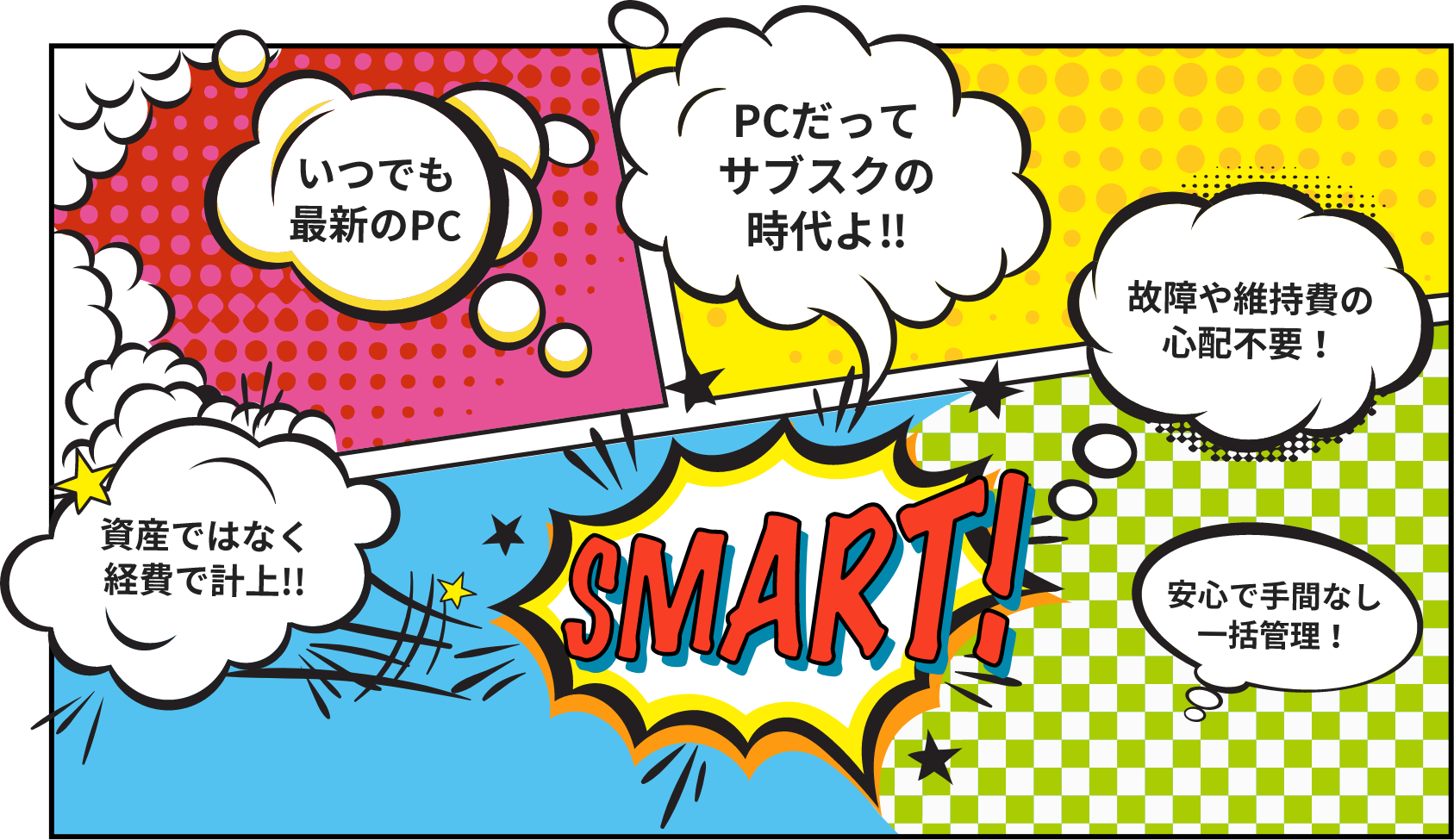 PCだってサブスクの時代よ!! いつでも最新のPC 故障や維持費の心配不要! 試算ではなく経費で計上! 安心で手間なし一括管理! SMART!