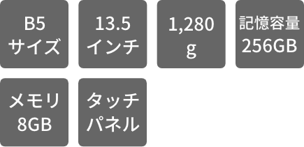 B5サイズ 13.5インチ 1,280g 記憶容量256GB メモリ8GB タッチパネル