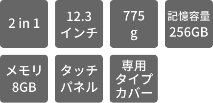 2in1 12.3インチ 775g 記憶容量256GB メモリ8GB タッチパネル 専用タイプカバー