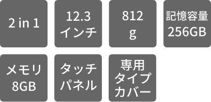 2in1 12.3インチ 812g 記憶容量256GB メモリ8GB タッチパネル 専用タイプカバー