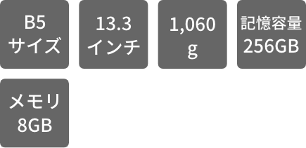 B5サイズ 13.3インチ 1,060g 記憶容量256GB メモリ8GB