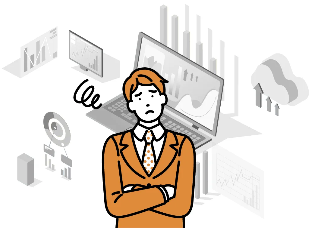 考え込むビジネスマンとIT関連のグラフィック