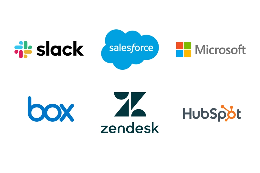 slack, salesforce, Microsoft, box, zendesk, HubSpotのロゴが並んでいる